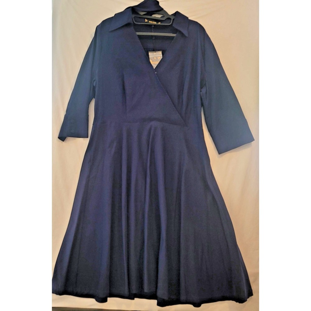 Miusol Dress Womens 2XL Navy Blue Fit Flare Collared A Line 3/4 Sleeve Button Up